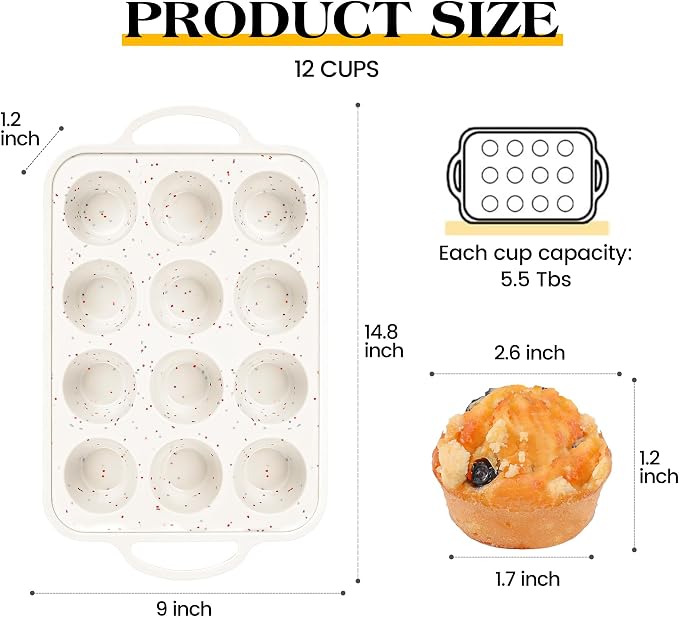2 Pcs Silicone Muffin Pan with Metal Frame Nonstick 12 Cup Regular Size Cupcake Pan Silicone Muffin Tray for Baking Egg Bites Muffins Cupcakes Gifts for Mom Home Baker Kitchen (Cream)