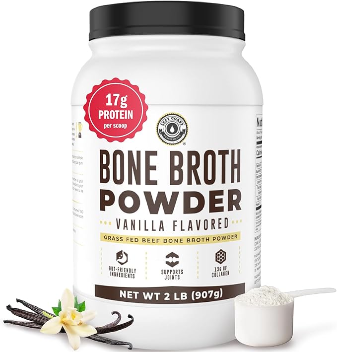 32oz Vanilla Bone Broth Protein Powder From Grass Fed Beef - Non-GMO Ingredients, Gut-Friendly, Low Carb Dairy Free Protein Powder - Natural Collagen Source For Joint Support - Keto Friendly