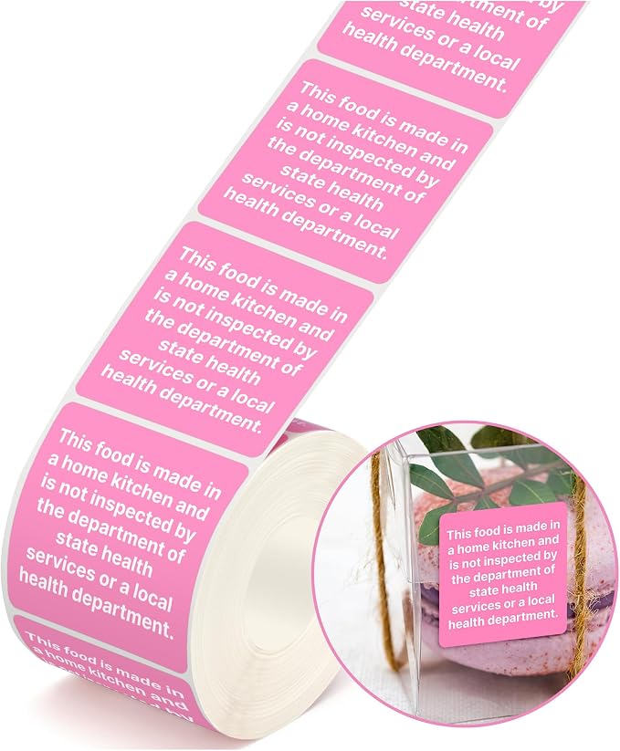 500 Pcs Cottage Food Law Labels, 2" Square “Made in a Home Kitchen” Stickers