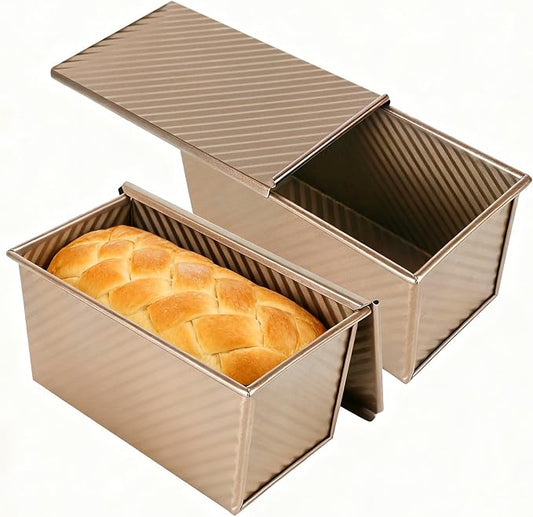 Pullman Loaf Pan with Lid 2 Pack, 8x4 Inch Bread Pans for Baking, Nonstick Square Toast Mold with Bottom Vents, Professional Sandwich Bread Pan for Sourdough, 1LB Carbon Steel Baking Pans