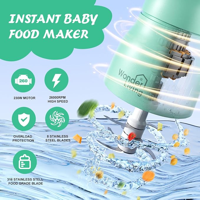 Baby Food Maker with Glass Cups & Freezer Tray, Compact Baby Processor for Smoothies, Hands-Free One-Touch, 230W Motor