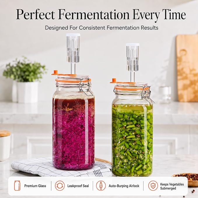 Fermentation Jars, 2L Fermenting Kit With Glass Weights, 2-Pack | Wide-Mouth 2L Glass Jar With Self-Venting Airlock, Ideal For Sauerkraut, Kimchi, Pickles And Other Homemade Ferments