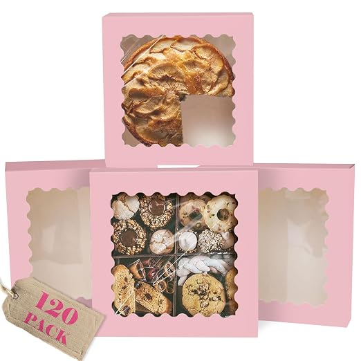 qiqee 10"x 10"x 2.5" Pink Pie Boxes with Window 120Packs Cookie Donut Bakery Box (Auto-pop Up)