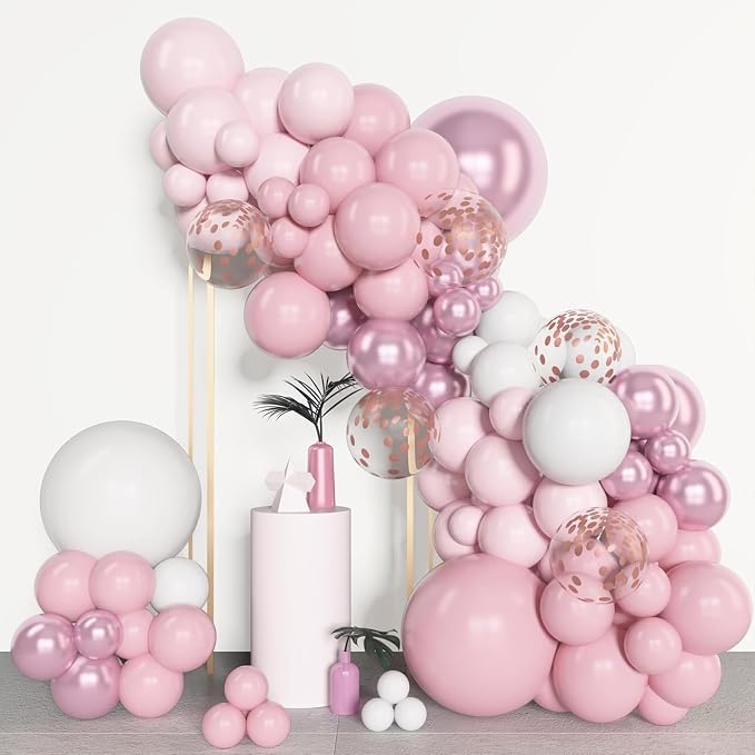 Archloon 156pcs Pink White Balloons Arch Garland Kit, Different Sizes 18 12 10 5inch Pastel Light Latex Metallic Confetti Pink Balloons for Baby Shower Wedding Bow Coquette Birthday Party Decorations