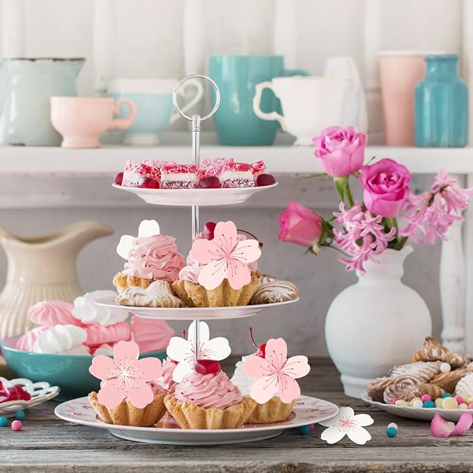 60 Pcs Edible Cherry Blossom Cake Decorations Edible Flowers Cupcake Topper Wafer Paper Flowers Cake Toppers for Cherry Baby Shower Kids Birthday Party Food Decorations Supplies Pink