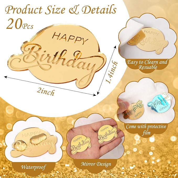 20 Pcs Mirror Acrylic Happy Birthday Cupcake Toppers Gold Happy Birthday Cake Topper Engraved Cake Picks for DIY Birthday Gift Flower Bouquet Pastries Desserts Decor