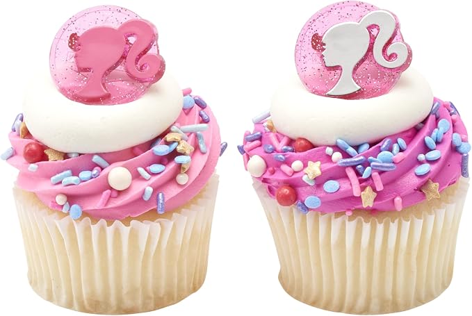 DecoPac Barbie Rings, 24 Barbie Silhouette Cupcake Decorations, Pink Glitter Cake Toppers For Birthday, Parties, Celebrations - 24 Pack
