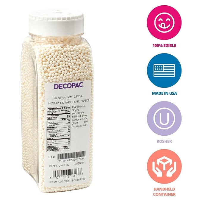 DecoPac White Pearl Grand Nonpareils, Fancy Sprinkles in Handheld Container, Edible Sprinkles For Celebration Cakes, Cupcakes, Cookies and Donuts, 30 Ounces, (21351)
