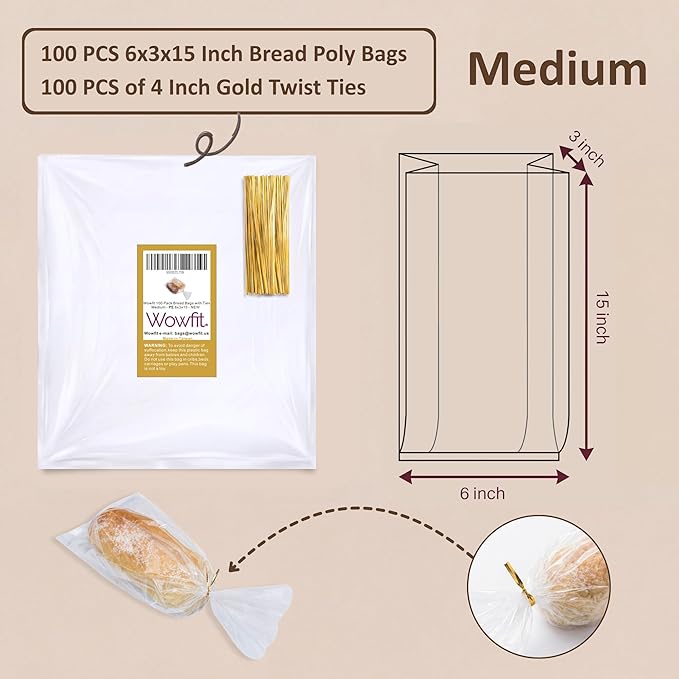 Wowfit Bread Poly Bags – Pack of 100 Entirely Transparent Clear Bakery Bags – Bread Packaging Bags with 100 Gold Twist Ties – 6x3x15-Inch Grocery Bread Bags