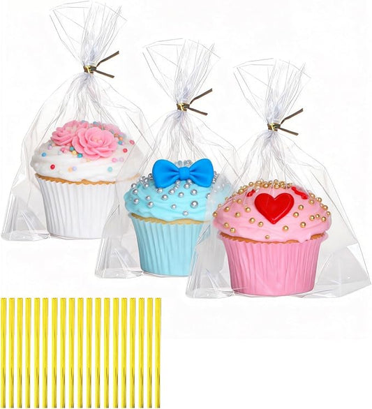 ROSPAKTEK 200 Pcs 6"x7"x2.4" Cellophane Muffin Bags with Gold Twist Ties – Commercial-Grade Flat-Bottom Design for Cupcakes, Cookies & Pastries (Fits Macarons/Chocolates/Strawberries) – Reusable