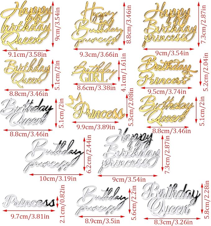 14pcs Happy Birthday Cake Toppers for Women Princess Queen - Acrylic Cupcake Decor Side Decoration Kit - Girl Party Supplies