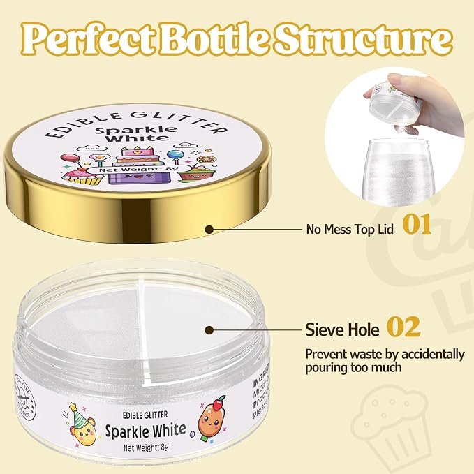 Nomeca Edible Glitter for Drinks Cakes, 8 grams Food Grade Luster Dust Sprinkles Glitter for Cake Decorations, DIY Cocktails, Beverages & Cake Decorating, Dessert Cake Topper (6-Sparkle White)
