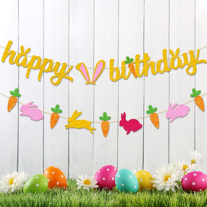 Zwiebeco Gold Happy Birthday Easter Banner Bunny Carrot Bunting Garland Hanging Paper Party Decoration Supplies for Spring Boys Girls Kids Baby Shower Bday Decor Accessories Supplies