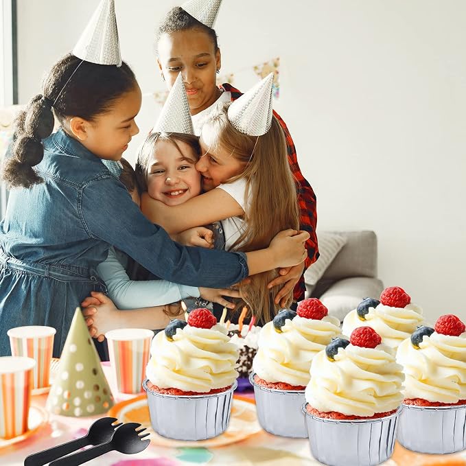 50 Pack Foil Cupcake Liners with Dome Lids,LNYZQUS 5oz Large Cupcake Cups,Disposable Muffin Tins Ramekins Pans Baking Cups Wrappers Holders-Silver