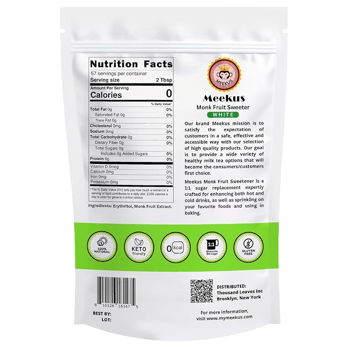 Meekus Natural Monk Fruit Sweetener w/Erythritol - Classic Monkfruit Extract Powder,Zero Calorie Sugar Substitute,Keto Diet Friendly for Baking,Coffee,Tea,Vegan Sugar Replacement,Gluten Free,White