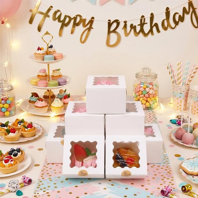 Moretoes 24pcs White Cookie Boxes, 4x4x2.5 Inches Small Bakery Boxes with Stickers for Small Cookies, Treats, Desserts, Chocolate Covered Strawberries, Mini Cake