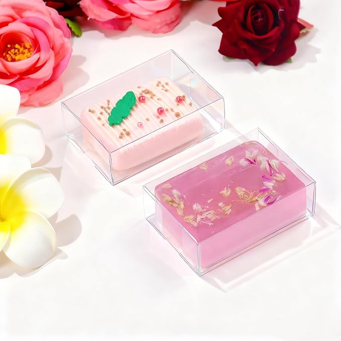 JCXGRVC 100PCS 3.5"x2.36"x1.2" Inch Clear Plastic Soap Boxes Packaging - Small Bakery Favor Boxes for Macarons, Cookies Candies, Perfect for Homemade Soap Gifts, Wedding & Birthday Parties
