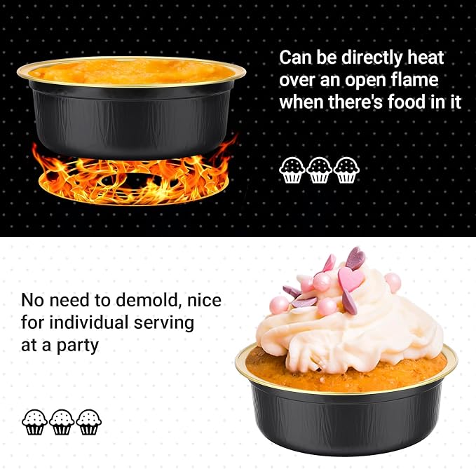 Beasea Disposable Ramekins with Lids, 100 Pack 8.8oz 260ml 4 Inch Round Aluminum Foil Cups Disposable Cupcake Pudding Mini Baking Cups for Party - Black Gold