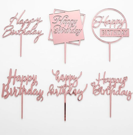 6-Pack Acrylic Birthday Cake Toppers, Mirror Pink Happy Birthday Sign for Cake Decorations