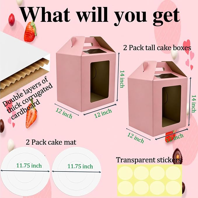 Cake Boxes - 2 Pack Tall Cake Box 12x12x14 Inch Disposable Layer Carrier with Window Large Tierd Cake Out Transport Containers with Handle for Wedding, Birthday, Party