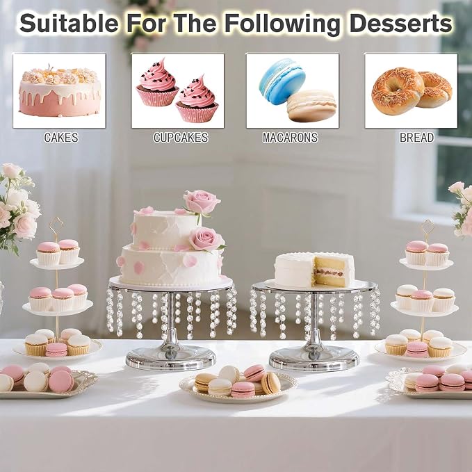 2 Pcs Silver Metal Mirror Cake Stand Set with Crystal Pendants - 11.8"W Elegant Dessert Table Display for Weddings, Birthday Parties, Baby Showers, Events - Sturdy Crystal Bling Cupcake Stands for Pastries, Sweets, Decorations