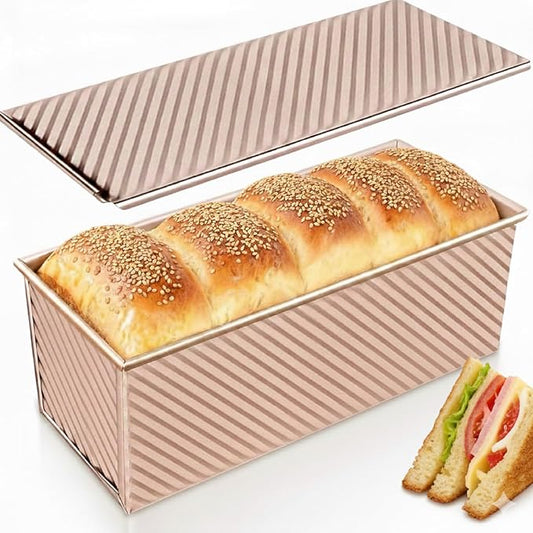 Bread Pan with Lids, 1Lb Dough Capacity, Non-Stick Carbon Steel Pullman Loaf Pan for Baking, Professional Toast Box Mold- Gold