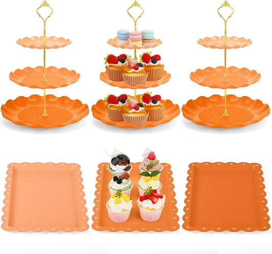 FoldTier 6 Pack Cupcake Stand Set 3 Pcs 3 Tier Gradient Dessert Table Display Stands Cookie Tray Rack 3 X14 in Rectangle Party Trays for Wedding Birthday Tea Party Baby Shower(Orange,Round)