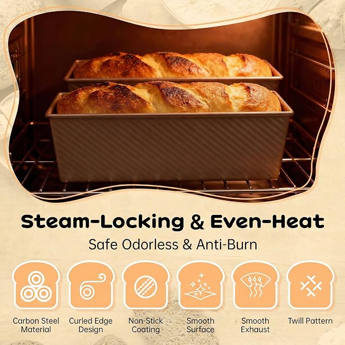 2 Pack Pullman Loaf Pan with Lid - 2.2LB Non-Stick Bread Pan, Carbon Steel Square Toast Mold with Silicone Spatula & Oil Brush, Baking Kit for Homemade Sandwich & Sourdough, Housewarming Gifts