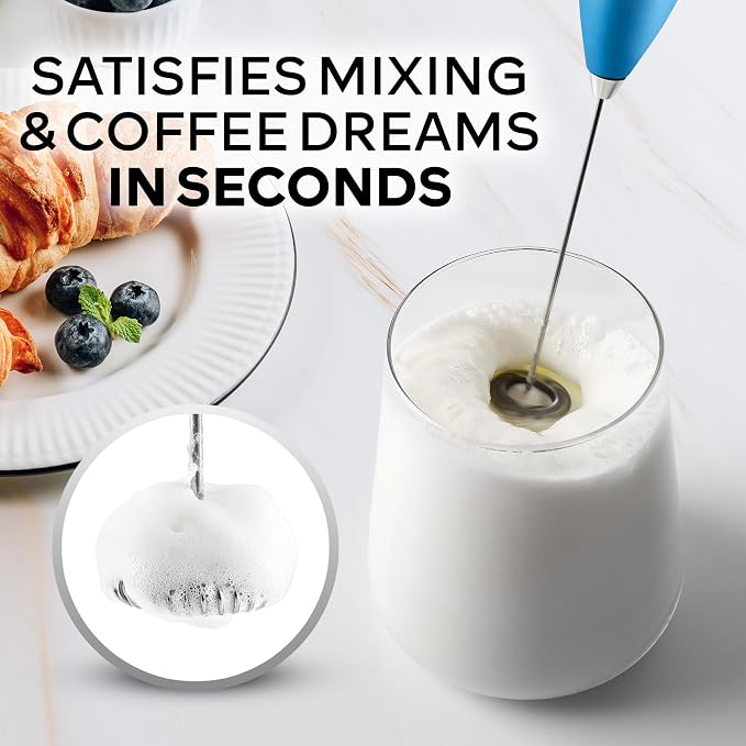 Zulay Kitchen Powerful Milk Frother Wand With Duracell Batteries - Ultra Fast Handheld Drink Mixer - Electric Whisk Foam Maker for Coffee, Lattes, Cappuccino & Matcha - Z1 Motor - Metal Blue