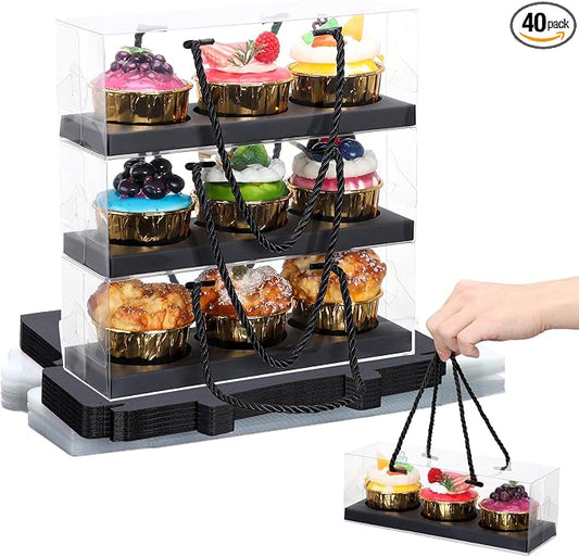 EUSOAR Clear Cupcake Boxes, 40 Pcs 9"x3"x3" Black 3 Compartments Pastry Cupcake Containers with Gift Rope Handle,Portable Dessert Muffins Holder Cookies Carrier for Birthday Wedding Party Bakery