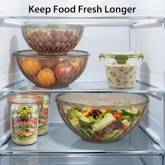 Freshmage Plastic Mixing Bowls with Lids - 6 Piece Nesting Bowls Set with One-Press Easy-Cover Lids, Large Salad Bowl for Baking, Preparing, Serving and Storing, Dishwasher & Microwave Safe
