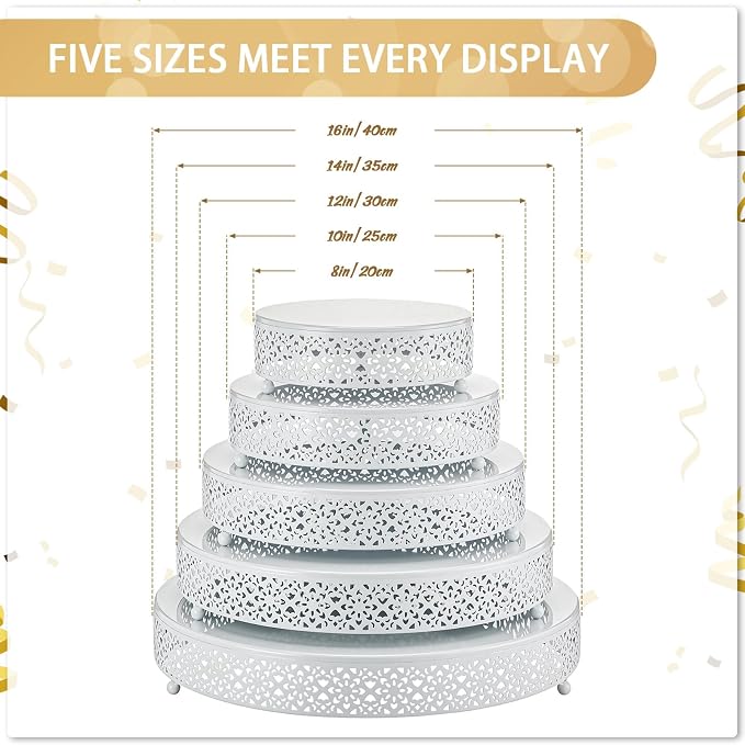 Wenqik 5 Pcs Metal White Cake Stand 16/14/12/10/8 Inch Round Cake Holder Display for Dessert Table Cookies Fruit Serving Tray Cupcake Pastry Riser for Wedding Birthday Party and Events