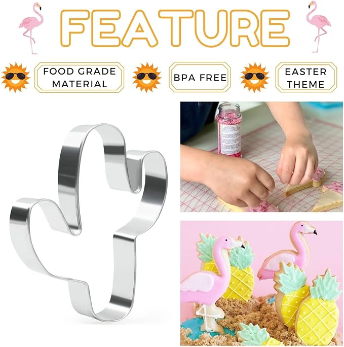 Crethinkaty 6 Pieces Summer Cookie Cutters Set for Baking - Flamingo,Palm Tree,Pineapple,Ice Cream,Cactus and Glasses Shape Stainless Steel Aroma Beads Biscuit/Pastry Cutter