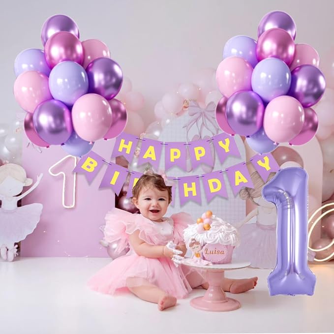 Purple Pink Metallic Balloons & Banner - 40 Inch 1 Balloon, Perfect for Girls' 1st Birthday or Baby Shower Decor