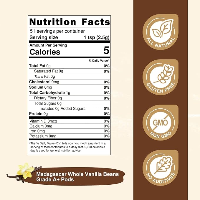 MONIZEN Pure Madagascar Vanilla Powder 4.5 oz, A+ Grade Whole Bean Ground Fine Gourmet Madagascar Vanilla, No Additives for Baking Desserts Drinks Smoothies Ice Cream 128g