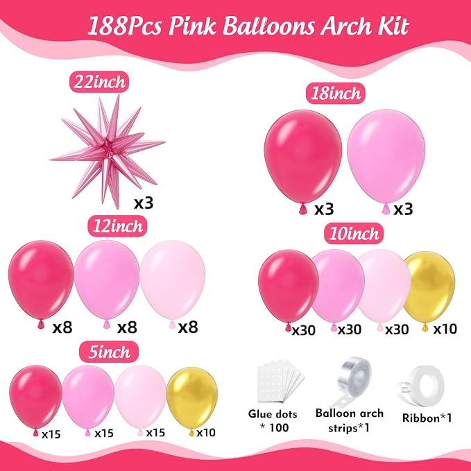 Pink Balloons Arch Kit 188pcs with Star, Hot Pink Shades of Pink Gold Balloons Different Size Balloon Garland Kit for Girl Birthday Baby Shower Anniversary Wedding Princess Party Decorations