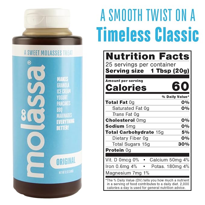 Molässa Light Sweet Molasses - Specialty Sweetener Made From 100% Pure Sugar Cane - Delicate Caramel Notes, Smooth Golden Texture & No Bitterness for Pancakes, Granola, BBQ & Baking - 18.1oz Bottle