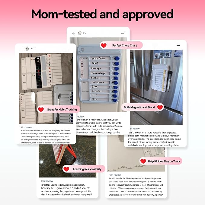 Chore Chart for Kids, to Do List Board with Sliders 19 Personalizable Sheets and Marker Visual Schedule for Kids with Autism Routine Chart Magnetic Dry Erase Board for Refrigerator, Desk, Home - Pink