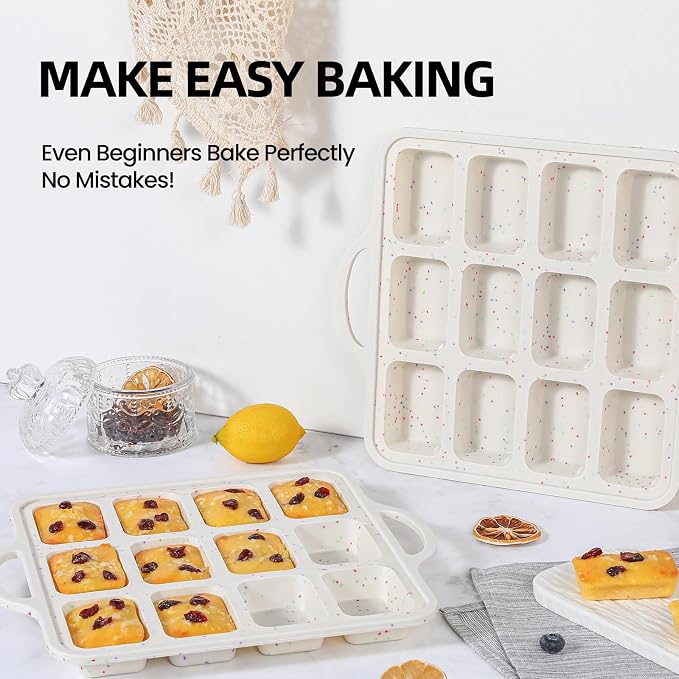 FUNBAKY Silicone Mini Loaf Pans with Metal Reinforced Frame,12-Cavity Nonstick Mini bread loaf pans for Baking Cornbread,Bread,Brownie,Cheesecake -2Pcs