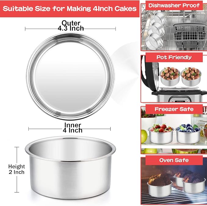 TeamFar 4 Inch Cake Pan, 6 Pcs Layer Baking Round Cake Pans Set Stainless Steel, For Baking Steaming Serving, Healthy & Sturdy, Mirror Finish & Dishwasher Safe