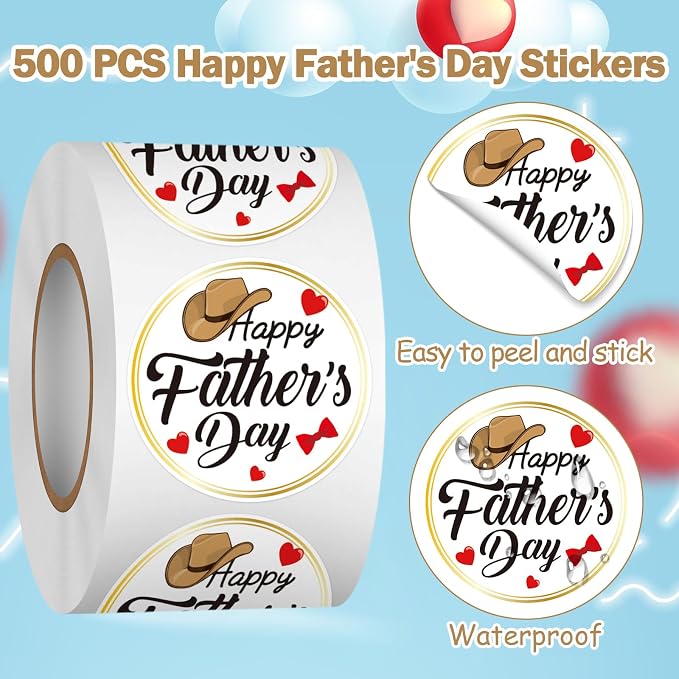 Louise Maelys Happy Fathers Day Stickers 1.5 Inch - Father Day Gift Labels DIY Father’s Day Decorations Hat and Heart Design, Waterproof, Residue-Freefor Cards, Crafts & Gifts