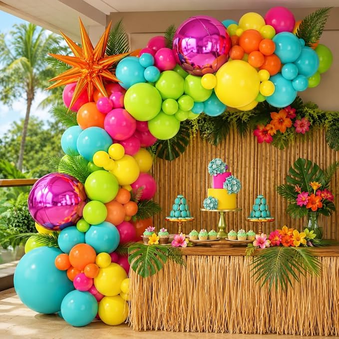 Tropical Balloon Arch Kit, Hot Pink Orange Yellow Green Teal Blue Tropical Balloon Garland with Orange Star Foil and Pink 4D Round Balloons for Hawaiian Luau Summer Party Decorations Birthday Decor