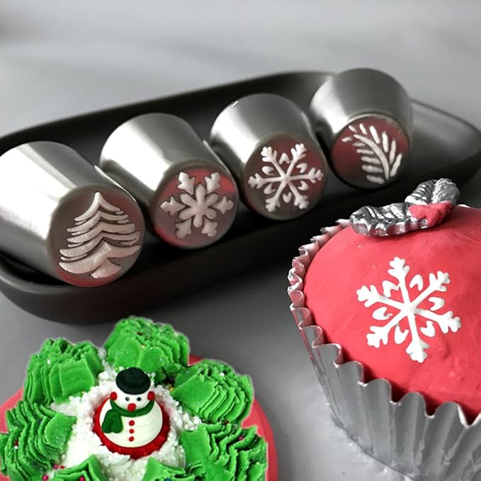 4 PCS Christmas Pastry Icing Piping Nozzles,Special Stainless Steel Russian Piping Tips Set,Cake Decorating Tools(1 Christmas Tree,2 Snowflake,1 Leaf)