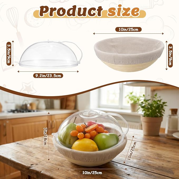 2 Pack 10 Inch Banneton Bread Proofing Basket with Clear Lid, Sourdough Bread Baking Bowl, Round Dough Proofing Bowls, Natural Rattan Sourdough Baskets for Bakers Food Vegetables Display