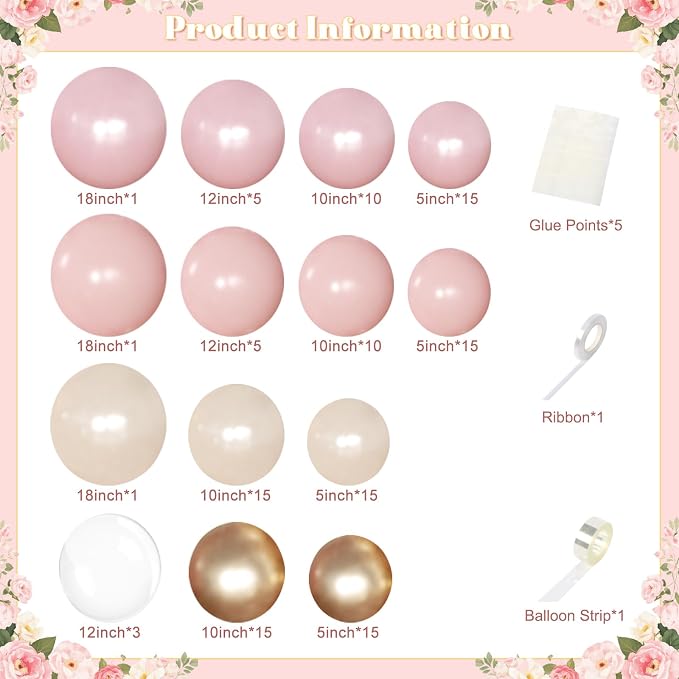 Pink and Gold Balloon Garland Arch Kit 126Pcs Pastel Light Baby Pearl Pink and Sand White Balloons for Boho Birthday Baby Shower Bridal Shower Wedding Party Decorations