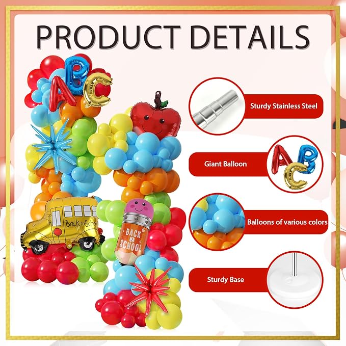 2 Sets Back to School Decorations Adjustable Balloons Column Stand Kit Kindergarten Graduation Decor with Pencil Schoolbus Apple Foil Balloons for First Day of School Tower Party Decorations