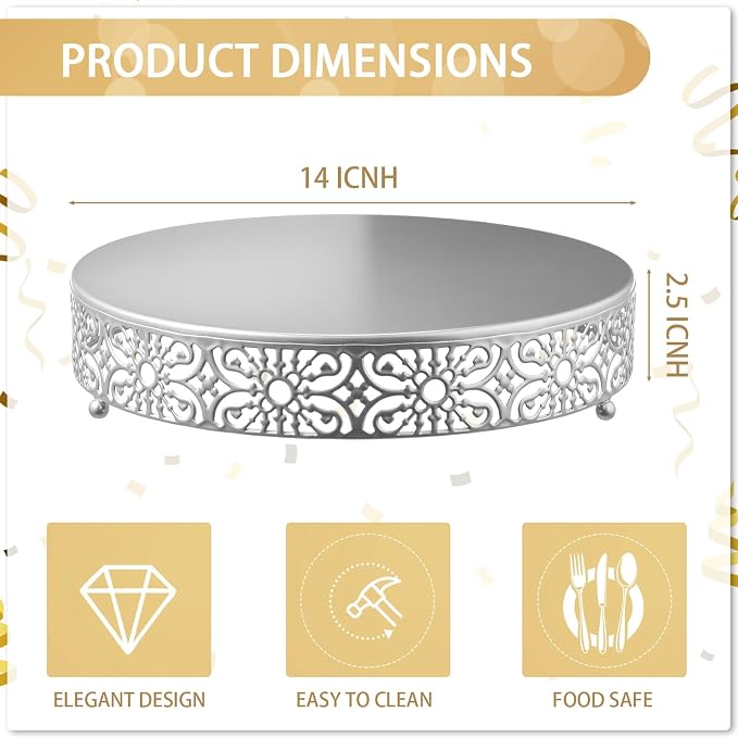 Wenqik 14 Inch Cake Stand Round Metal Cupcake Dessert Wedding Cake Stand Cookies Display Holder Fruit Food Serving Tray for Table Wedding Birthday Anniversary Party Decor (Silver)