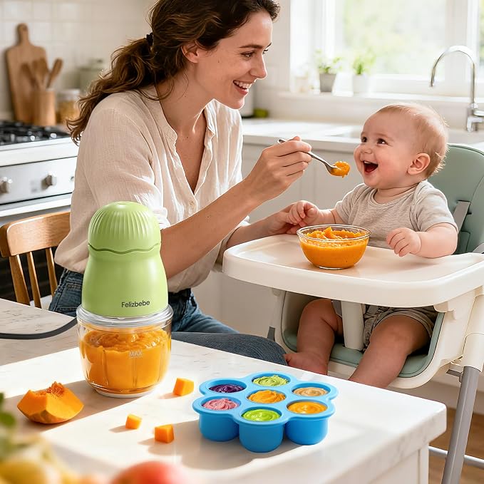 Baby Food Maker, Small Baby Food Processor Set, Fruit, Vegatable, Meat, 10oz Baby Food Maker & Puree Blender with Baby Containers, Food Freezer Tray, Silicone Spoons, Spatula, Green