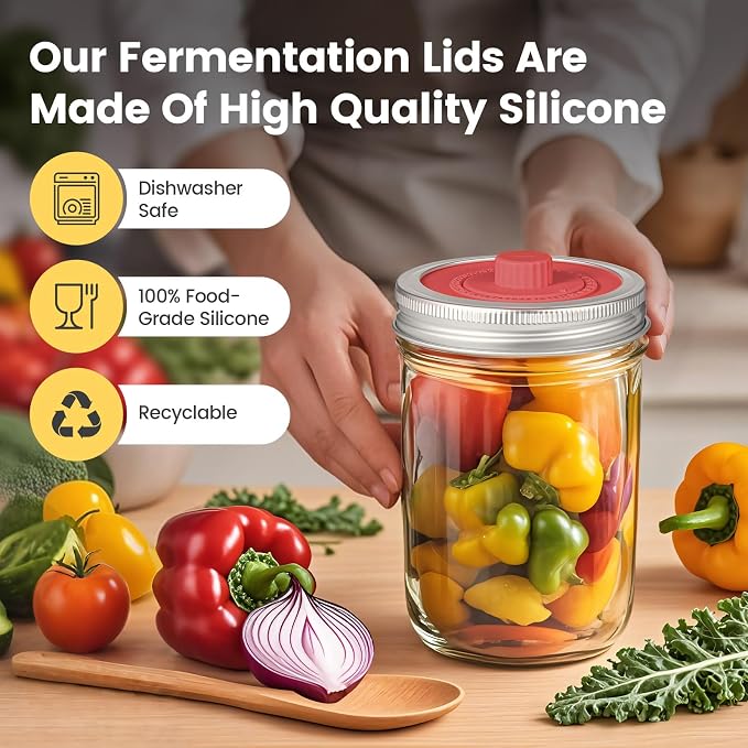 Original Patented Airlock Fermentation Lids for Wide Mouth Mason Jars, Fermenter Caps, Fermentation Kit for Sauerkraut & Pickle Kit, One Way Waterless Airlock Valve - BPA-Free (Jar Not Included)