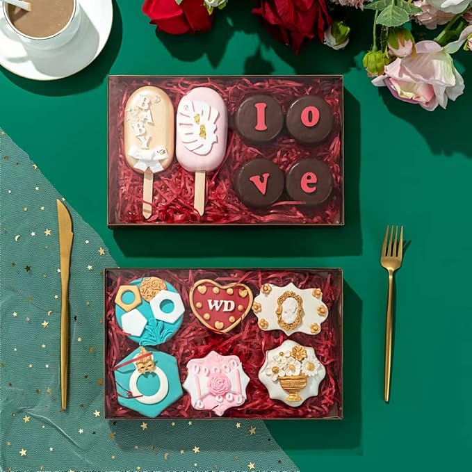 RomanticBaking 24 Pack 9 1/2" x 6" x 1 1/4" Gold Cookie Boxes Macaron Boxes for 12 Clear Bakery Boxes Cakesicle Boxes Pretdzel Cocoa Bombs Box